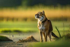 un Tigre en pie en el césped cerca un estanque. generado por ai foto