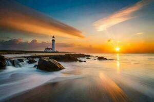 foto fondo de pantalla el cielo, el mar, el faro, el rocas, el ondas, el rocas generado por ai