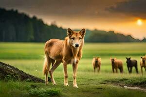 a group of brown dogs standing in a field. AI-Generated photo