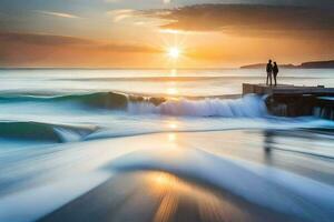 a couple standing on a dock watching the sun set over the ocean. AI-Generated photo