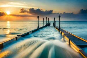 un largo exposición foto de un muelle a puesta de sol. generado por ai