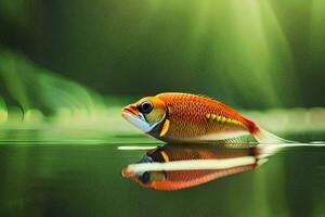 un pescado es flotante en el agua con un verde antecedentes. generado por ai foto