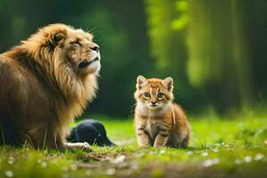 un león y un gatito son sentado en el césped. generado por ai foto