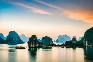 the sunset over halong bay, vietnam. AI-Generated photo