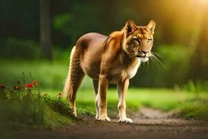 a lion is walking on a dirt road. AI-Generated photo