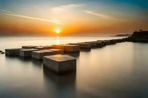 a long exposure photograph of a sunset over a body of water. AI-Generated photo