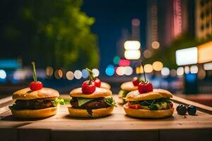 four hamburgers on a wooden table with lights in the background. AI-Generated photo