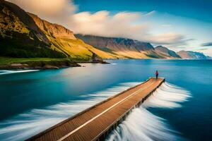a man stands on a pier in front of a mountain range. AI-Generated photo