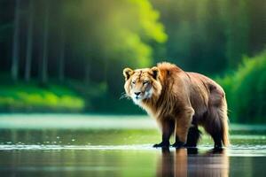 lion standing in water with green trees in background. AI-Generated photo