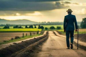 a man in a suit and hat walking down a dirt road. AI-Generated photo