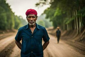 a man in a red turban standing on a dirt road. AI-Generated photo