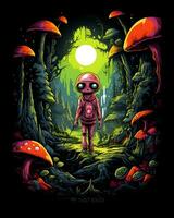 Colorful cartoon Alien walking in an Enchanted Woods with a city Beautiful illustration Background photo