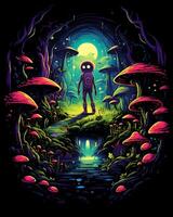 Colorful cartoon Alien walking in an Enchanted Woods with a city Beautiful illustration Background photo
