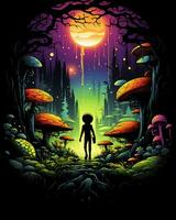 Colorful cartoon Alien walking in an Enchanted Woods with a city Beautiful illustration Background photo