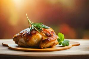 chicken on a wooden plate with rosemary sprigs. AI-Generated photo