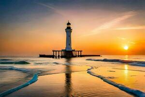 a lighthouse stands on the beach at sunset. AI-Generated photo