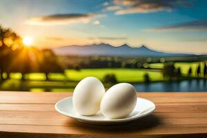 two eggs on a plate in front of a lake. AI-Generated photo