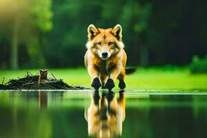 un lobo y un zorro caminando a través de un lago. generado por ai foto