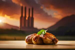 two chicken wings on a wooden table with a sunset in the background. AI-Generated photo