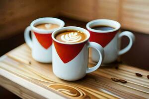 three coffee cups with latte art on a wooden table. AI-Generated photo