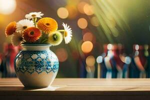 un florero con flores en un mesa en frente de un bokeh antecedentes. generado por ai foto