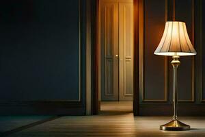 a lamp is sitting on a wooden floor in front of a door. AI-Generated photo