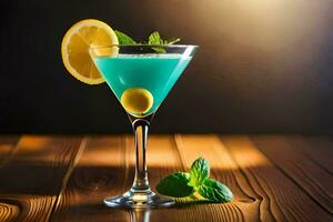 blue cocktail with lemon and mint on a wooden table. AI-Generated photo