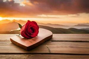 a single red rose sits on a wooden table in front of a sunset. AI-Generated photo