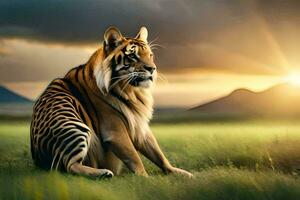 un Tigre sentado en el césped a puesta de sol. generado por ai foto