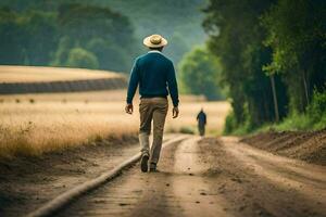 un hombre caminando abajo un suciedad la carretera con un sombrero en. generado por ai foto