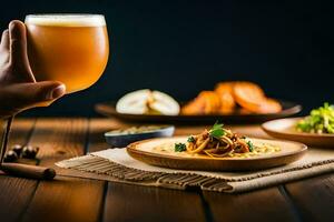 a person holding a glass of beer next to food. AI-Generated photo