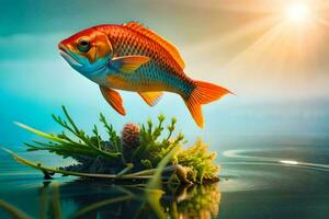 un pescado es flotante en el agua con césped y plantas. generado por ai foto