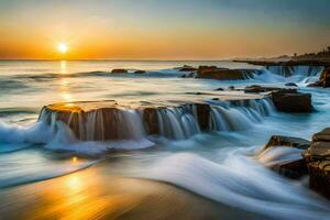 the sun sets over the ocean and waves crashing into rocks. AI-Generated photo