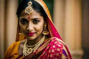 a beautiful indian woman wearing a sari and jewelry. AI-Generated photo