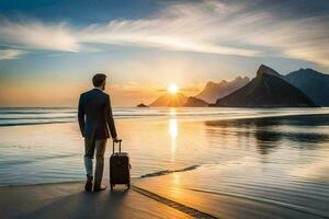 un hombre con un maleta en pie en el playa a puesta de sol. generado por ai foto