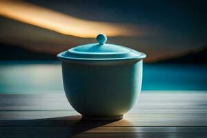 a white tea cup sitting on a wooden table. AI-Generated photo