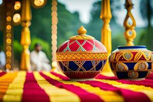 two colorful vases sitting on a table with a man in the background. AI-Generated photo