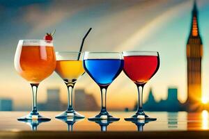 four glasses of different colored drinks on a table with a city skyline in the background. AI-Generated photo