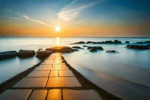 a long exposure photograph of a path leading to the ocean. AI-Generated photo