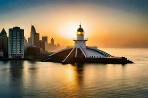 the sun is setting over a city with a lighthouse. AI-Generated photo
