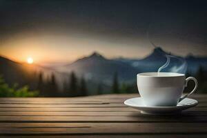a cup of coffee on a wooden table in the mountains. AI-Generated photo