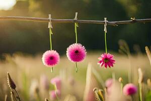 pink flowers hanging from a branch in a field. AI-Generated photo