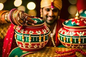 a man in traditional indian attire holding two pots. AI-Generated photo