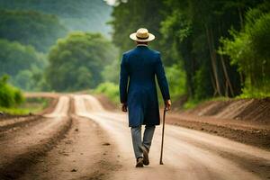 a man in a blue suit and hat walking down a dirt road. AI-Generated photo