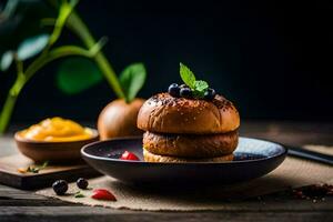 a stack of buns with blueberries and mustard. AI-Generated photo
