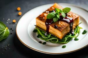 a plate of tofu with sauce and vegetables. AI-Generated photo