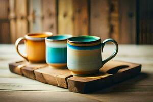 three colorful mugs on a wooden tray. AI-Generated photo