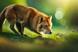 un rojo zorro es caminando mediante un herboso campo. generado por ai foto