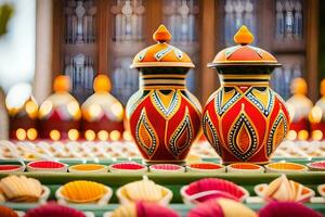 two colorful vases with candles on a table. AI-Generated photo
