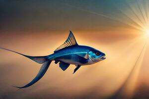 a fish is flying in the air with the sun in the background. AI-Generated photo